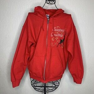 Gildan Red Seasons Greetings Christmas Zip Up Hooded Jacket